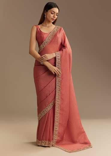 Rust Brown Crushed Tissue Saree With Scallop Border And Stone Embroidery
