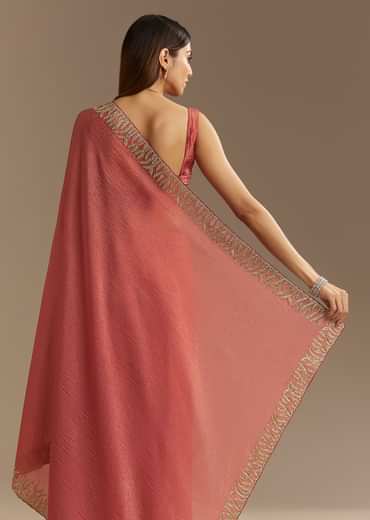 Rust Brown Crushed Tissue Saree With Scallop Border And Stone Embroidery