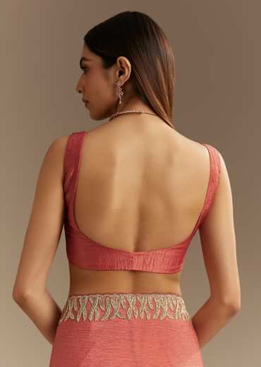 Rust Brown Crushed Tissue Saree With Scallop Border And Stone Embroidery