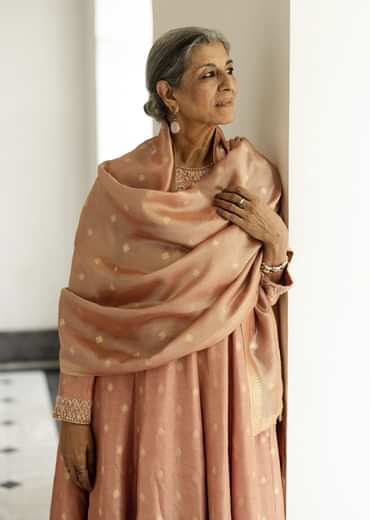 Dusty peach embroidered anarkali paired with pant and dupatta