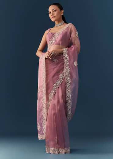 Dusty Pink Embroidered Saree with Blouse Fabric