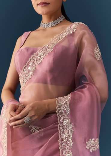 Dusty Pink Embroidered Saree with Blouse Fabric