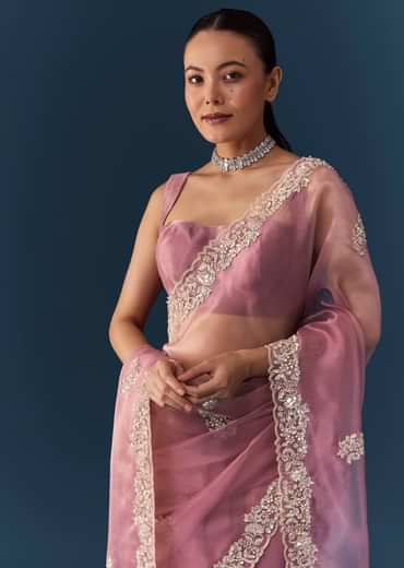 Dusty Pink Embroidered Saree with Blouse Fabric