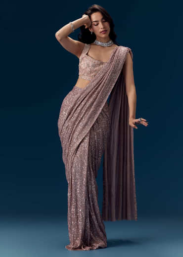Dusty Pink Ready Pleated Sequin Saree with Blouse