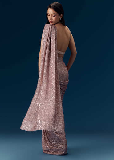 Dusty Pink Ready Pleated Sequin Saree with Blouse