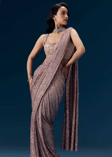 Dusty Pink Ready Pleated Sequin Saree with Blouse