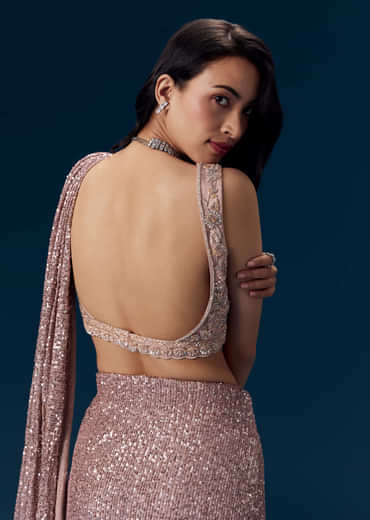 Dusty Pink Ready Pleated Sequin Saree with Blouse