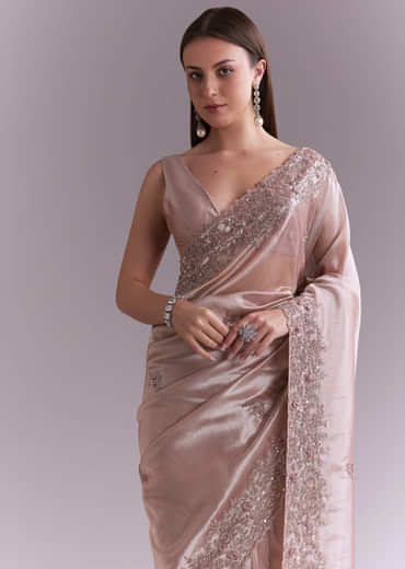 Dusty Pink Tissue Saree With Floral Butti Embroidery