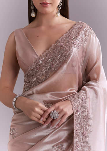 Dusty Pink Tissue Saree With Floral Butti Embroidery