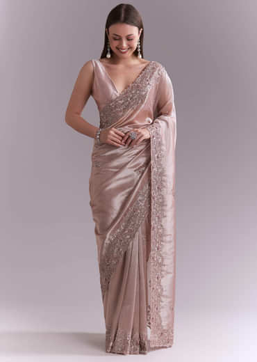 Dusty Pink Tissue Saree With Floral Butti Embroidery