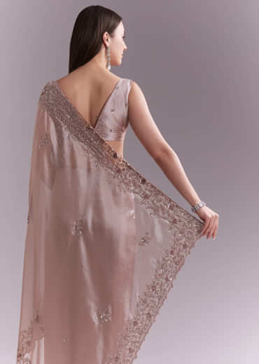 Dusty Pink Tissue Saree With Floral Butti Embroidery