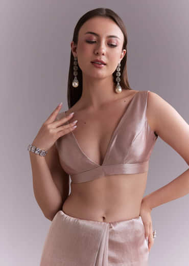 Dusty Pink Tissue Saree With Floral Butti Embroidery