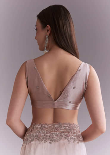 Dusty Pink Tissue Saree With Floral Butti Embroidery