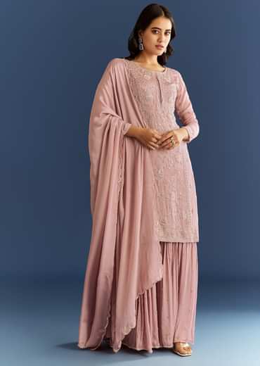 Dusty Rose Pink Chinon Kurta Set With Cutdana Embroidered Sharara