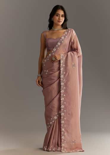 Dusty Rose Tissue Saree With Floral Embroidered Scallop Border