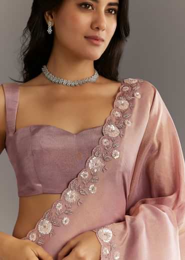 Dusty Rose Tissue Saree With Floral Embroidered Scallop Border