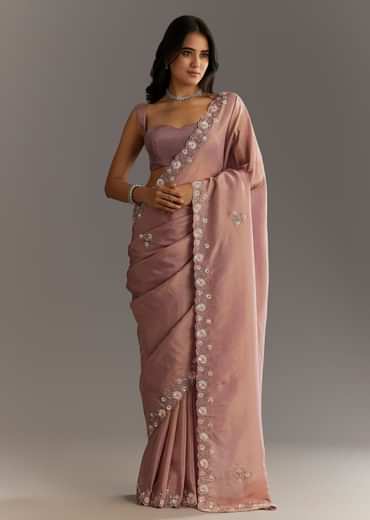Dusty Rose Tissue Saree With Floral Embroidered Scallop Border