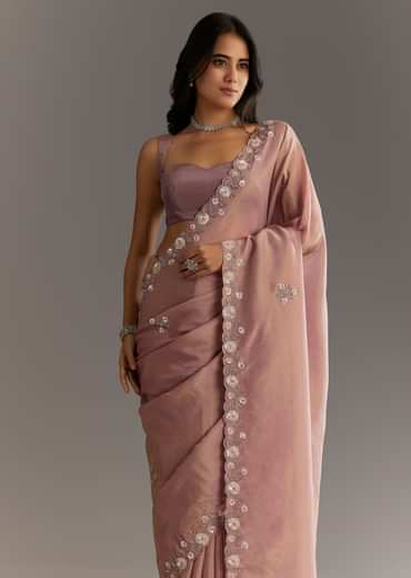 Dusty Rose Tissue Saree With Floral Embroidered Scallop Border