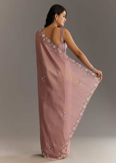 Dusty Rose Tissue Saree With Floral Embroidered Scallop Border