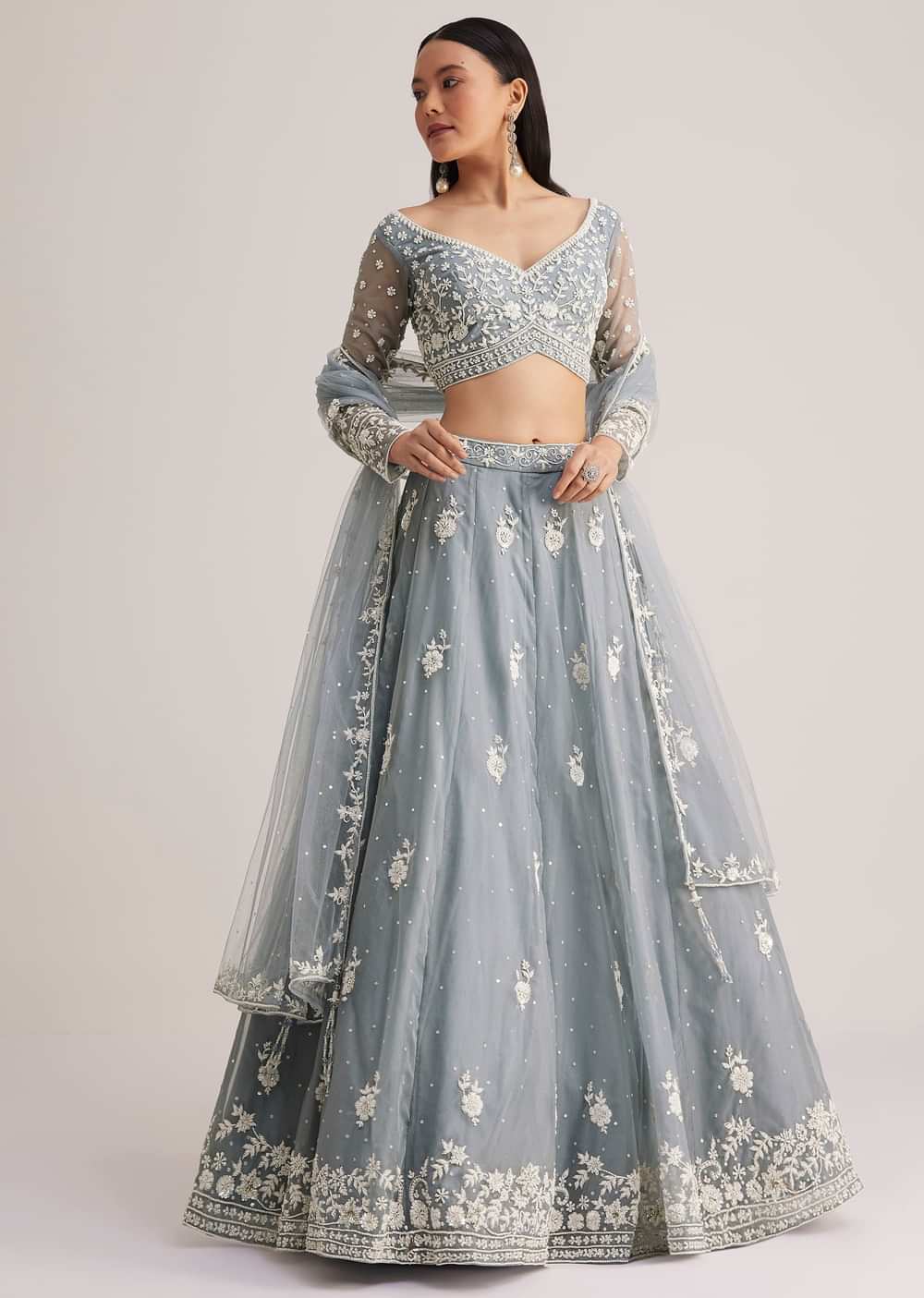Dusty Blue Embroidered Lehenga Set With Sheer Dupatta