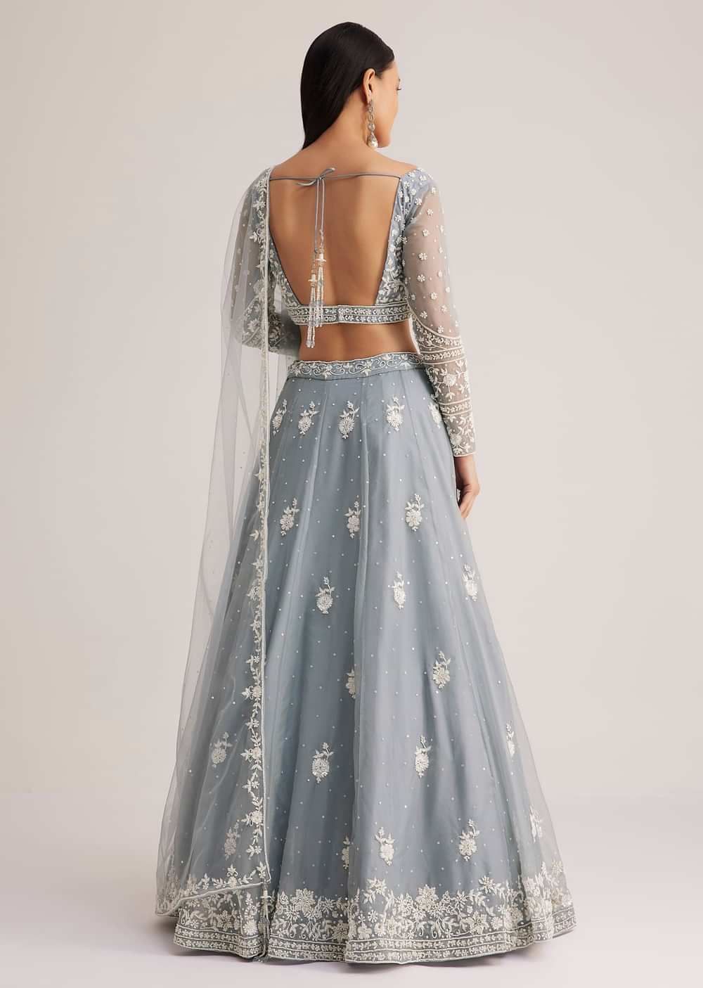 Dusty Blue Embroidered Lehenga Set With Sheer Dupatta
