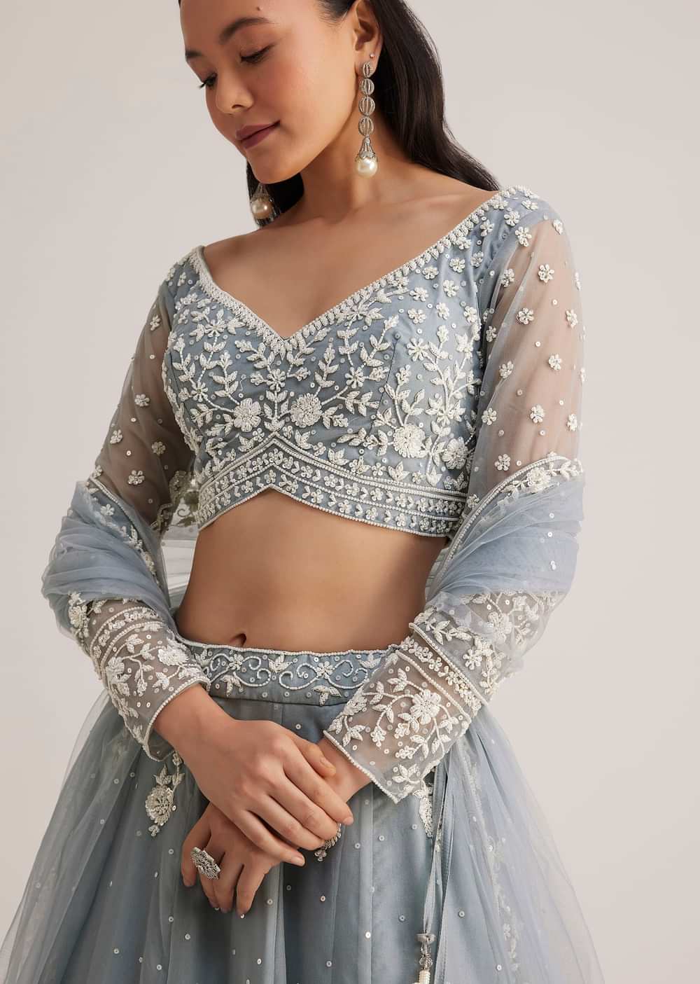 Dusty Blue Embroidered Lehenga Set With Sheer Dupatta