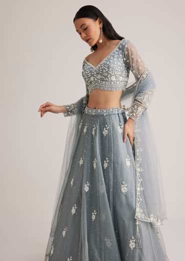 Dusty Blue Embroidered Lehenga Set With Sheer Dupatta