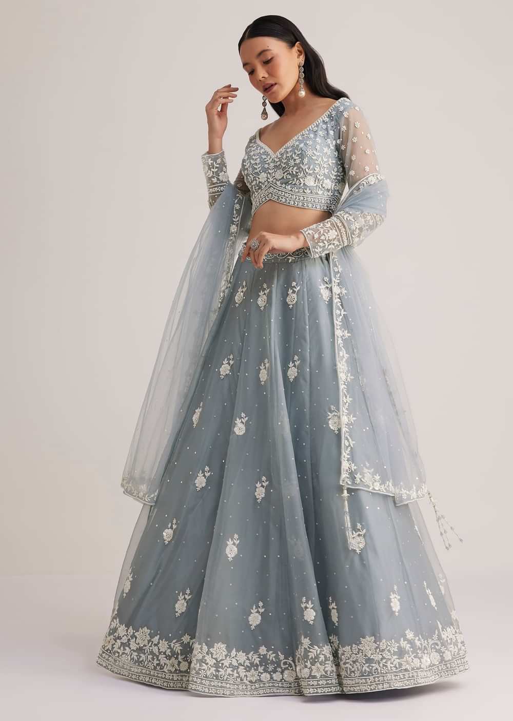 Dusty Blue Embroidered Lehenga Set With Sheer Dupatta