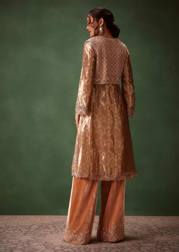 Dusty Brown Brocade Anarkali Style Kurti With Crop Jacket And Straight Flared Pant