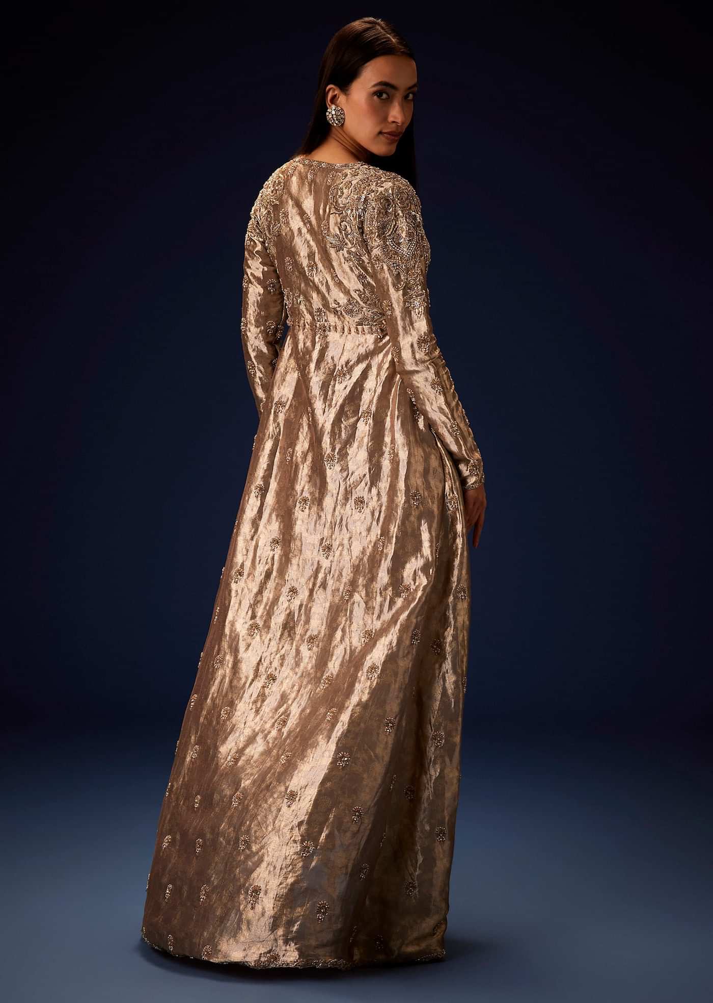 Dusty Brown Brocade Embroidered Long Jacket With Pencil Pant