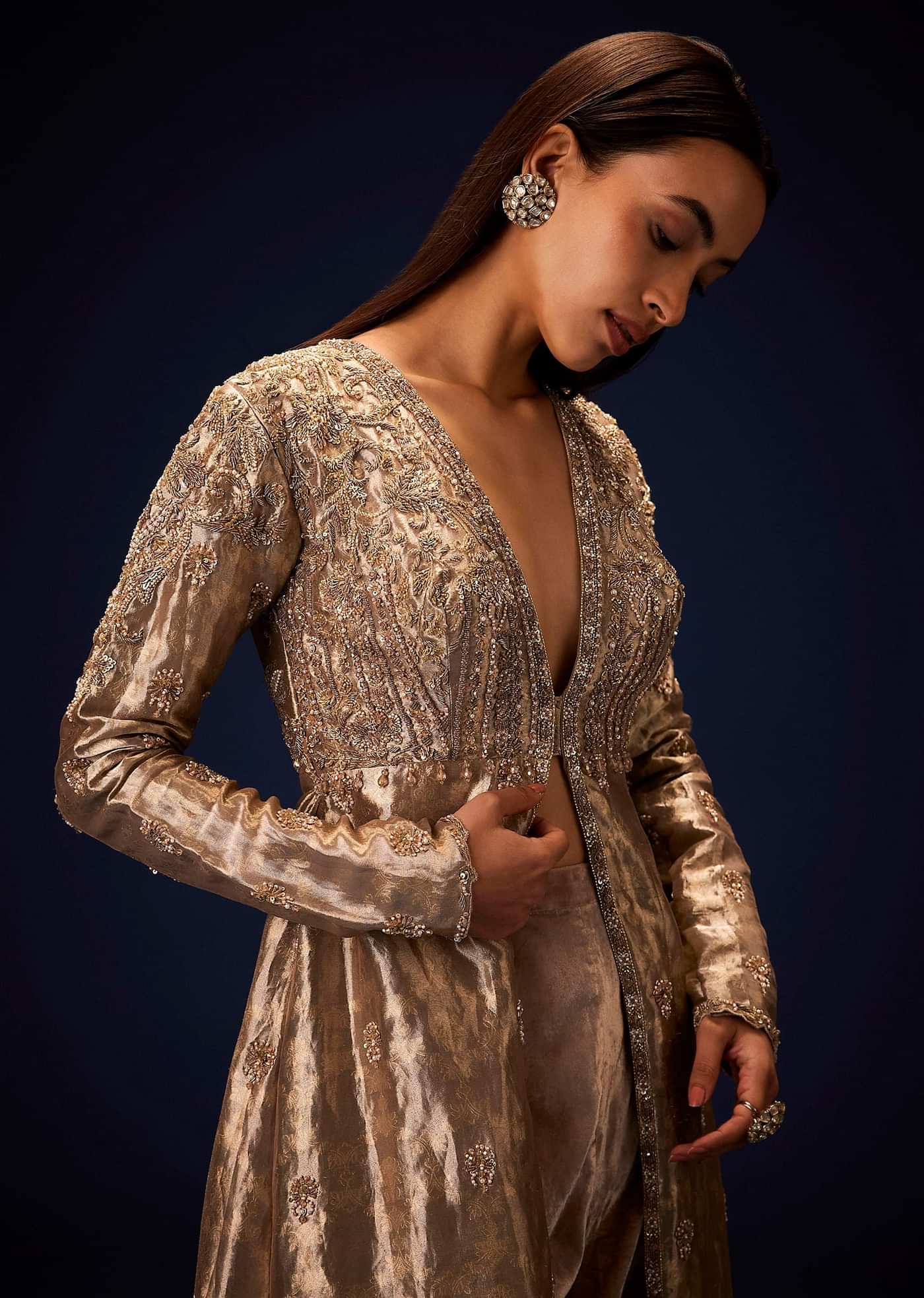 Dusty Brown Brocade Embroidered Long Jacket With Pencil Pant