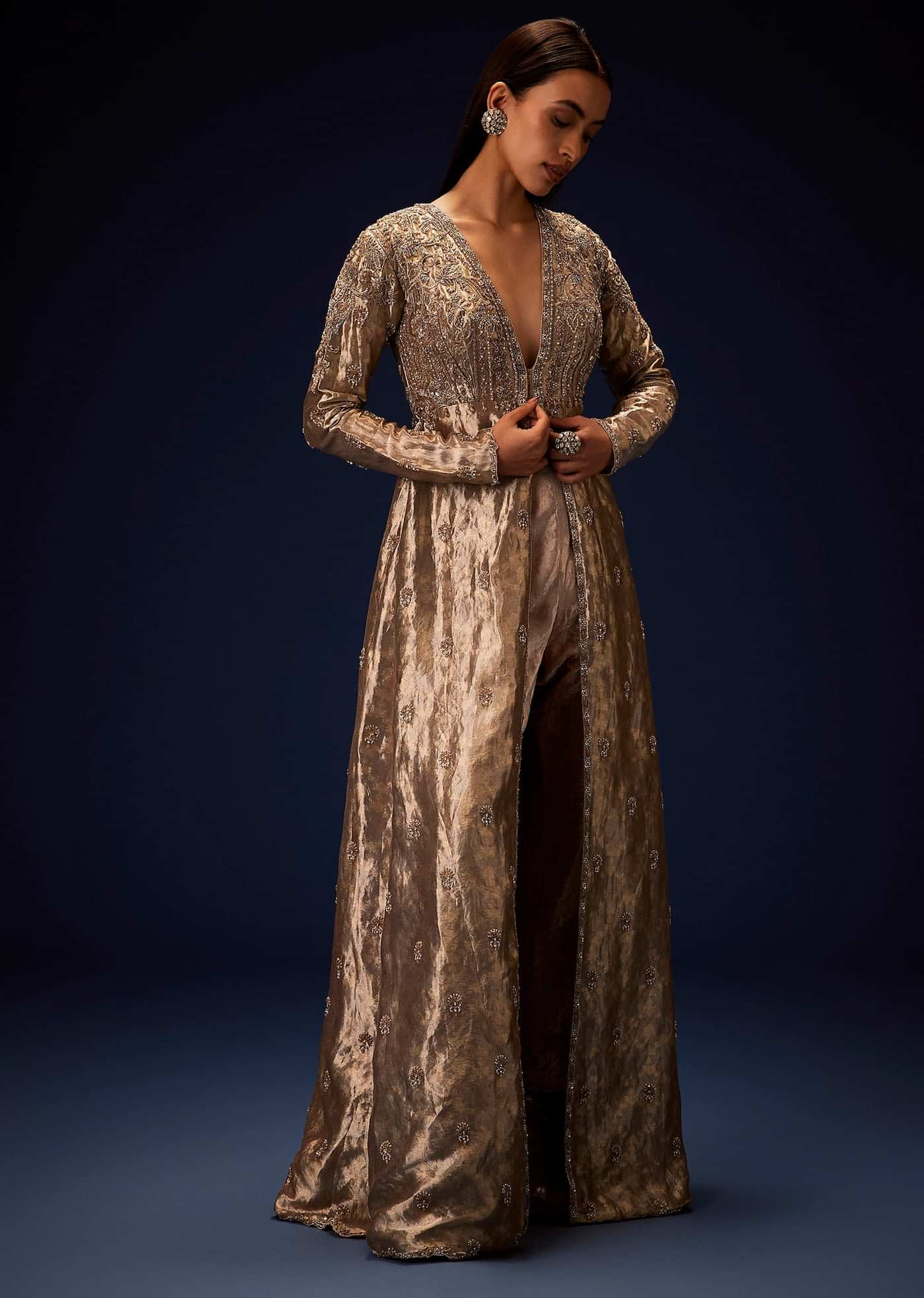 Dusty Brown Brocade Embroidered Long Jacket With Pencil Pant