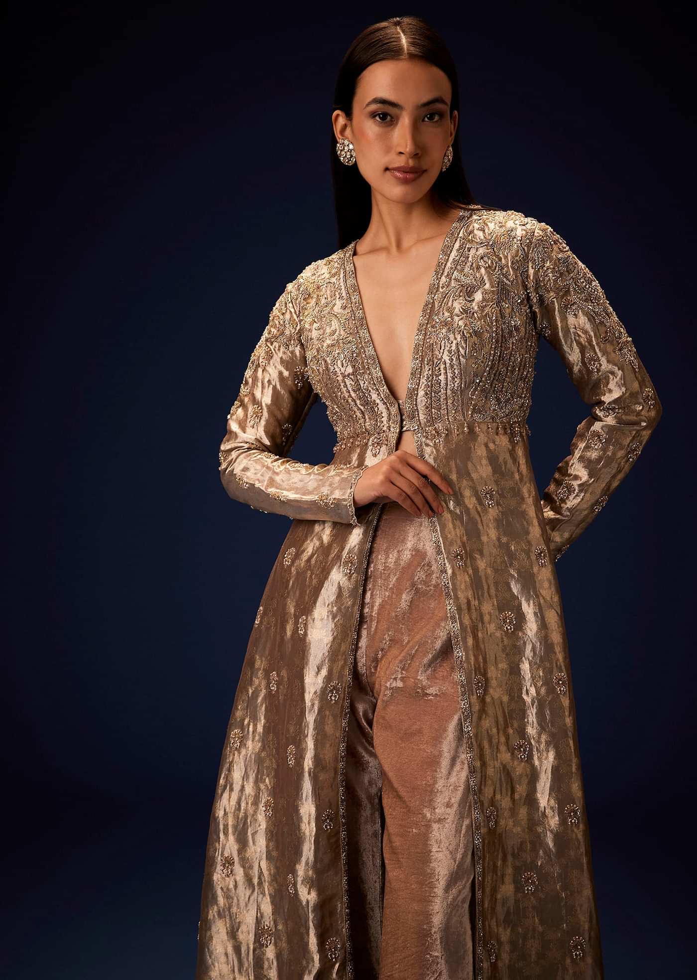 Dusty Brown Brocade Embroidered Long Jacket With Pencil Pant