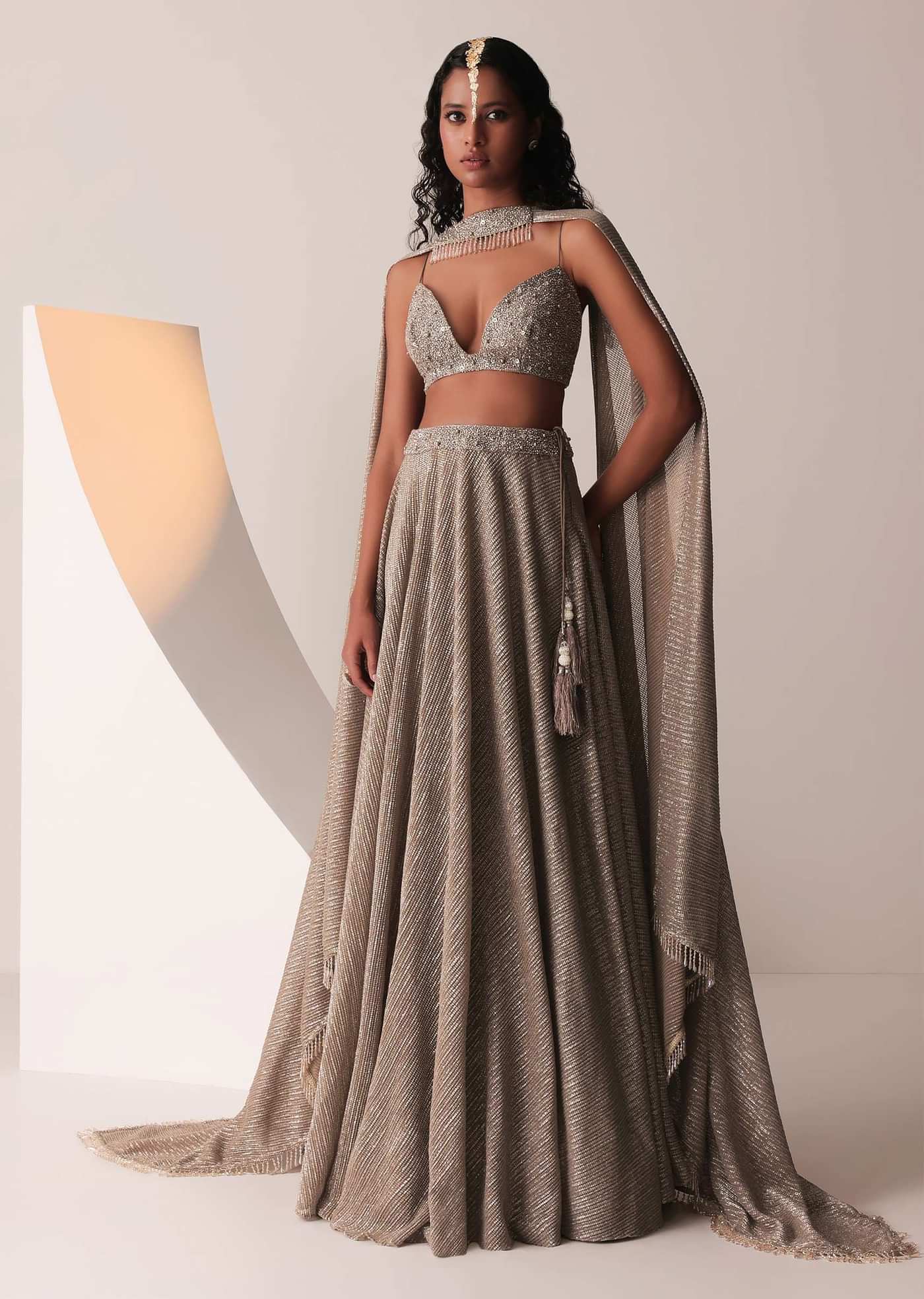 Dusty Copper Gold Embroidered Lehenga Set In Knit Strechable & Sequins Fabric