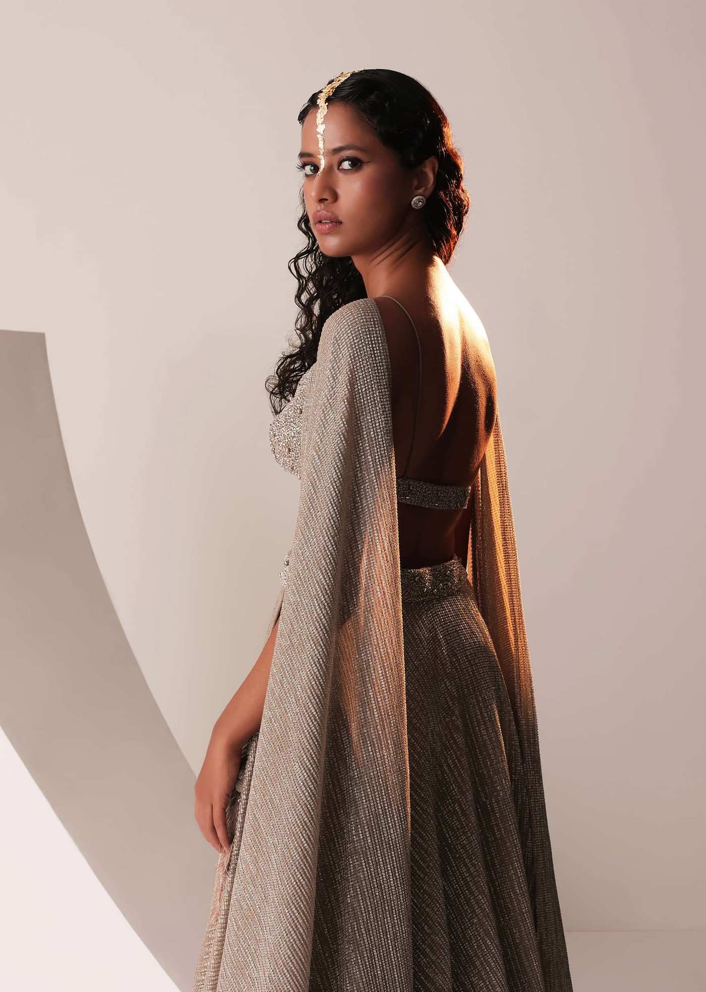 Dusty Copper Gold Embroidered Lehenga Set In Knit Strechable & Sequins Fabric