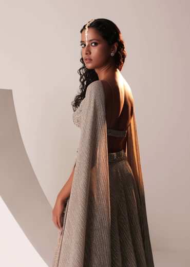 Dusty Copper Gold Embroidered Lehenga Set In Knit Strechable & Sequins Fabric