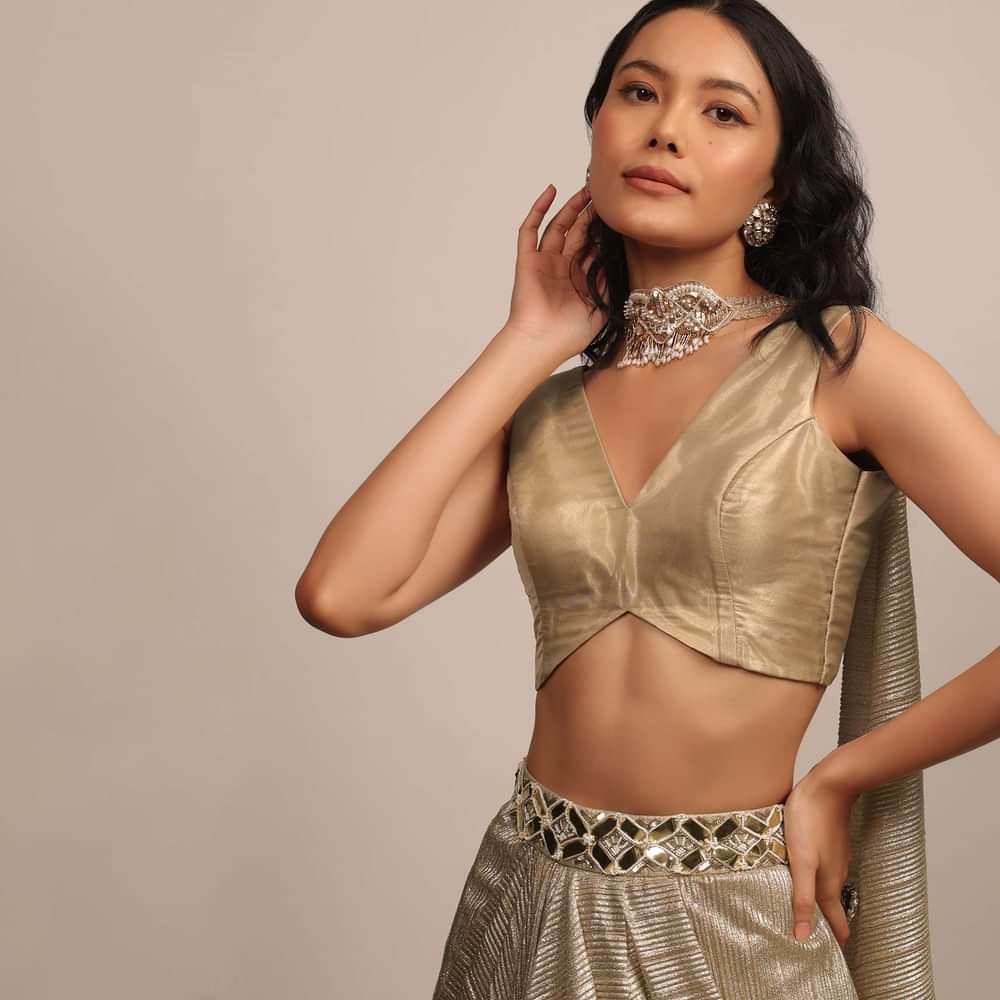 Dusty Gold Sleeveless Blouse In Jute Organza Fabric With A V-Neckline