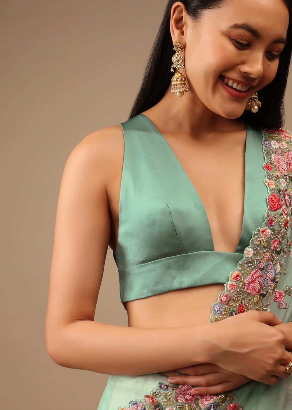 Dusty Jade Blouse In Satin With Plunging Geometric Neckline And Criss Cross Straps On The Back