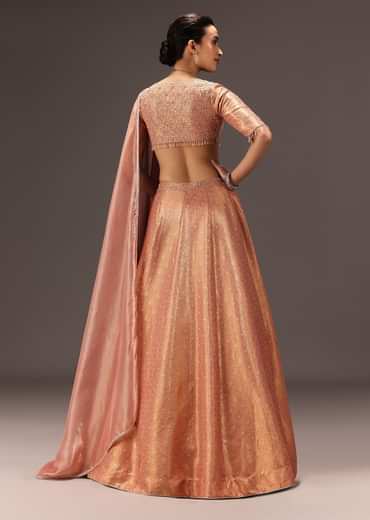 Dusty Peach Banarasi Silk Hand Work Lehenga Set