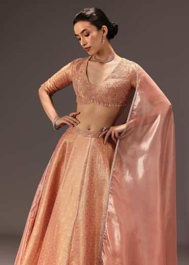 Dusty Peach Banarasi Silk Hand Work Lehenga Set