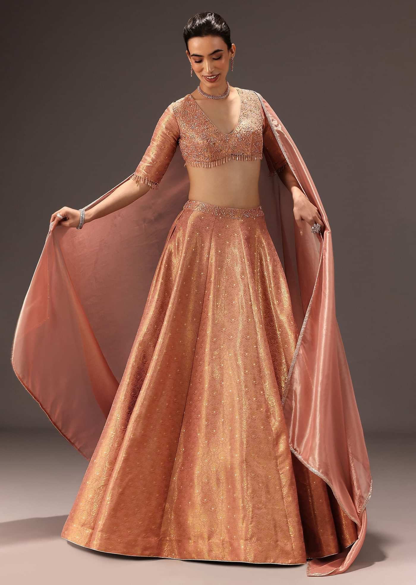 Dusty Peach Banarasi Silk Hand Work Lehenga Set