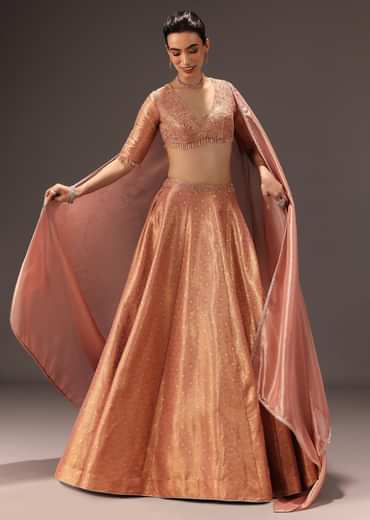 Dusty Peach Banarasi Silk Hand Work Lehenga Set