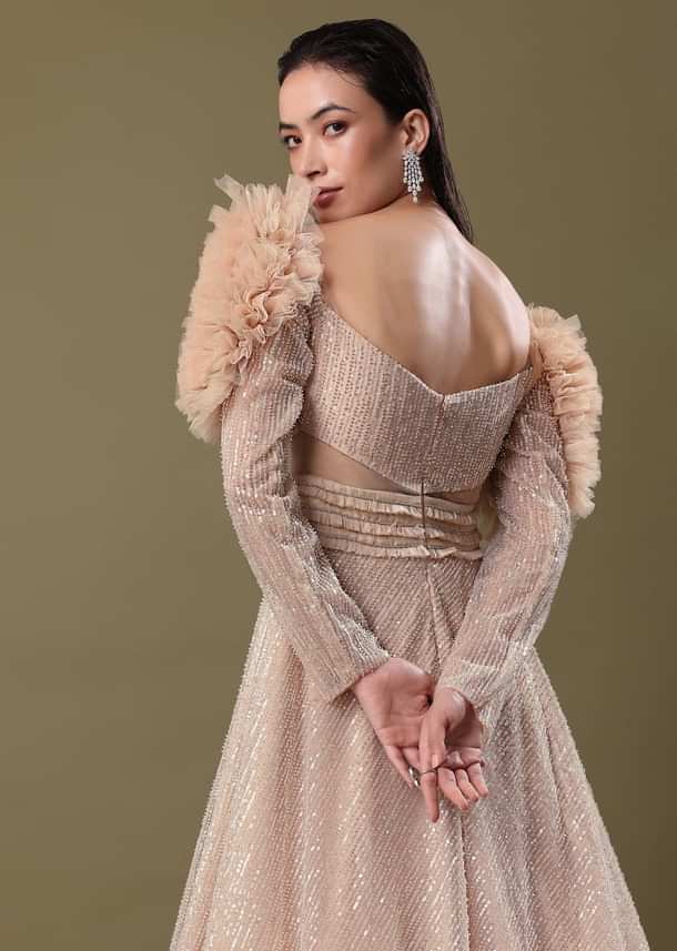 Dusty Peach Embroidered Ruffle Sleeve Gown