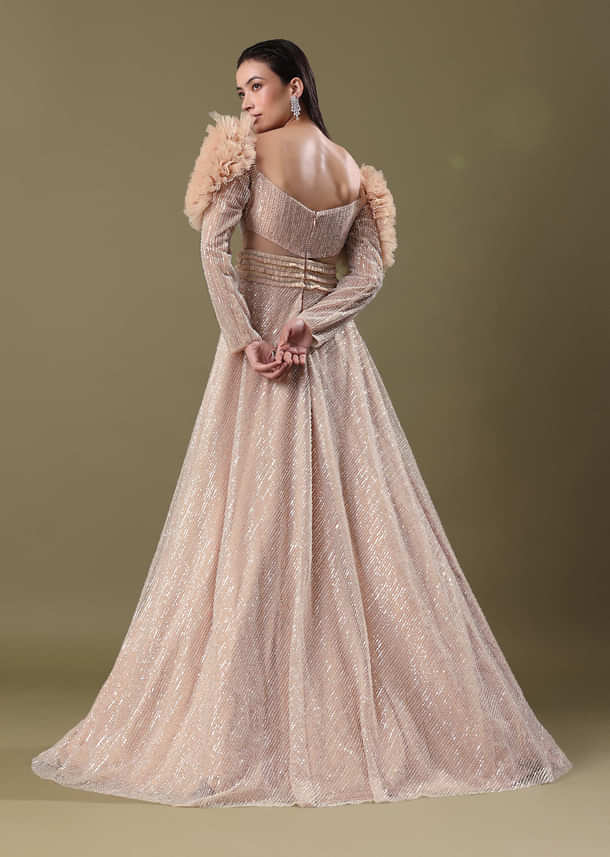 Dusty Peach Embroidered Ruffle Sleeve Gown