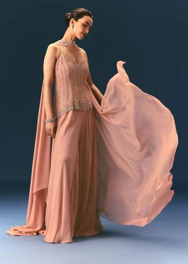 Dusty Pink Hand Embroidered Sharara Suit With Choker Dupatta