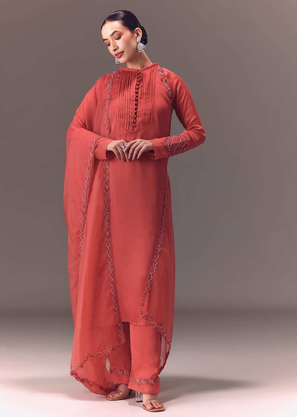 Dusty Rust Organza Kurta Set With Raglan Sleeves