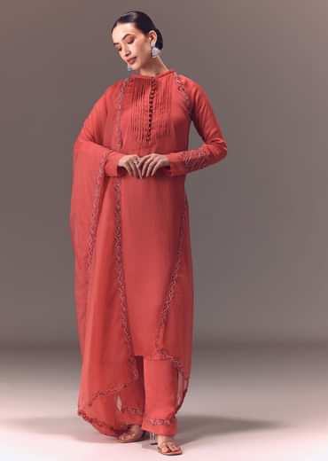 Dusty Rust Organza Kurta Set With Raglan Sleeves