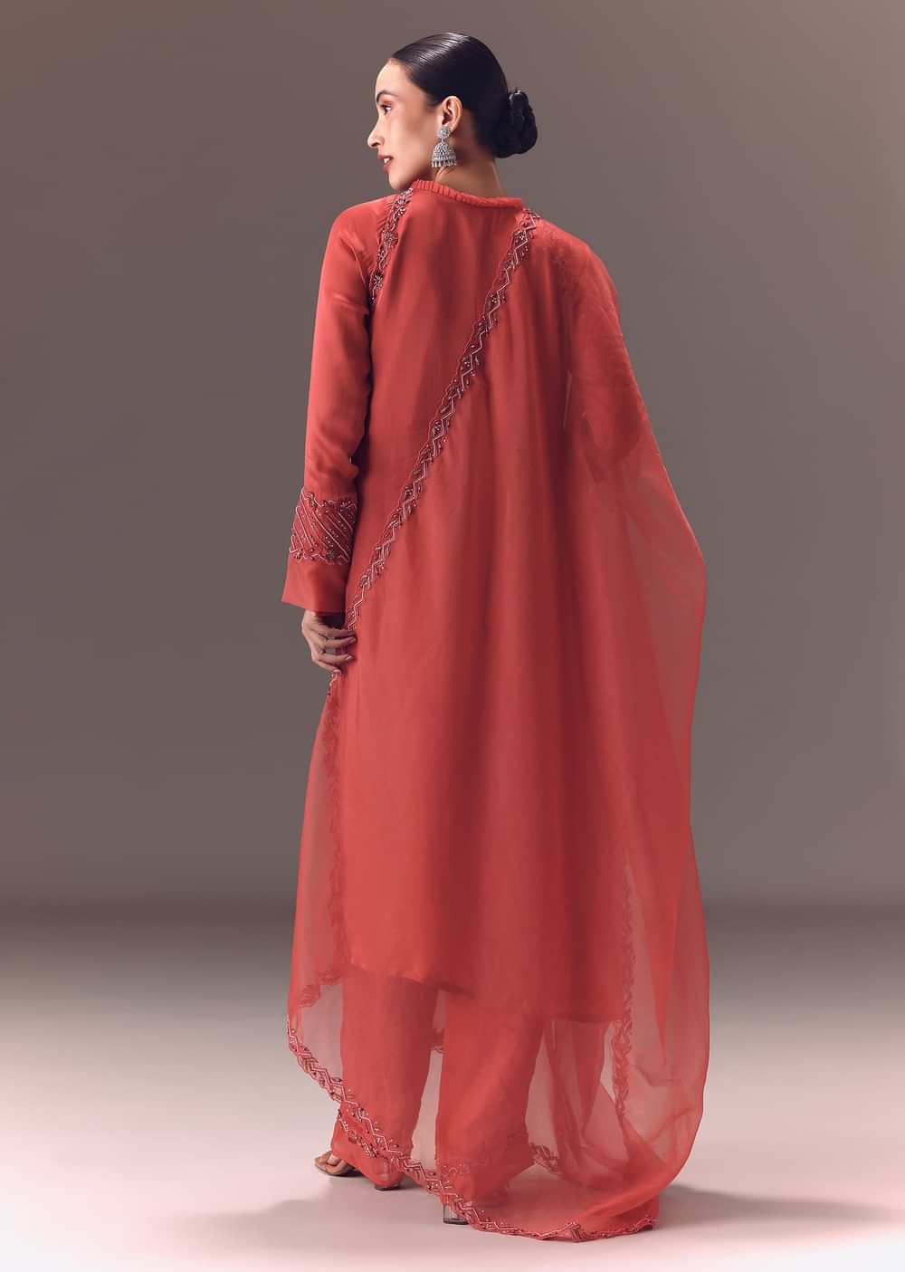 Dusty Rust Organza Kurta Set With Raglan Sleeves