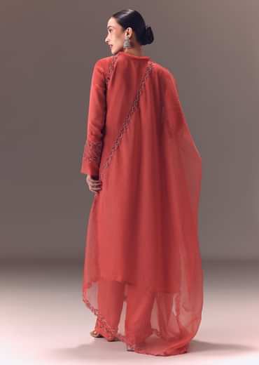 Dusty Rust Organza Kurta Set With Raglan Sleeves