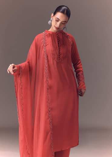 Dusty Rust Organza Kurta Set With Raglan Sleeves